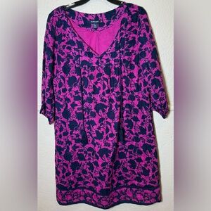 Studio Park 100% Cotton Berry and Navy Shift Dress V-Neck Tassels Womens Size MP